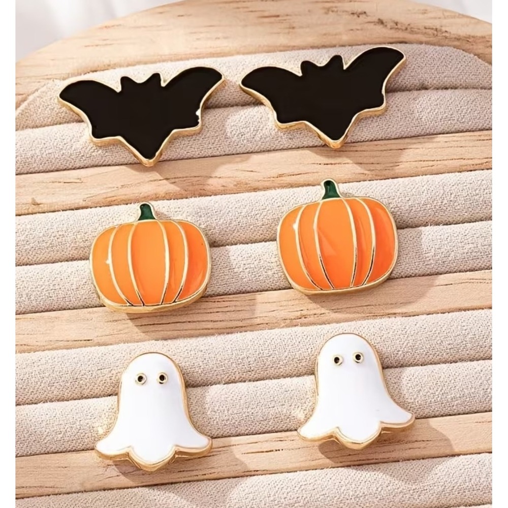 Halloween Stud Earring Set 3 Pairs Bat Pumpkin Ghost Gold Tone Enamel Jewelry